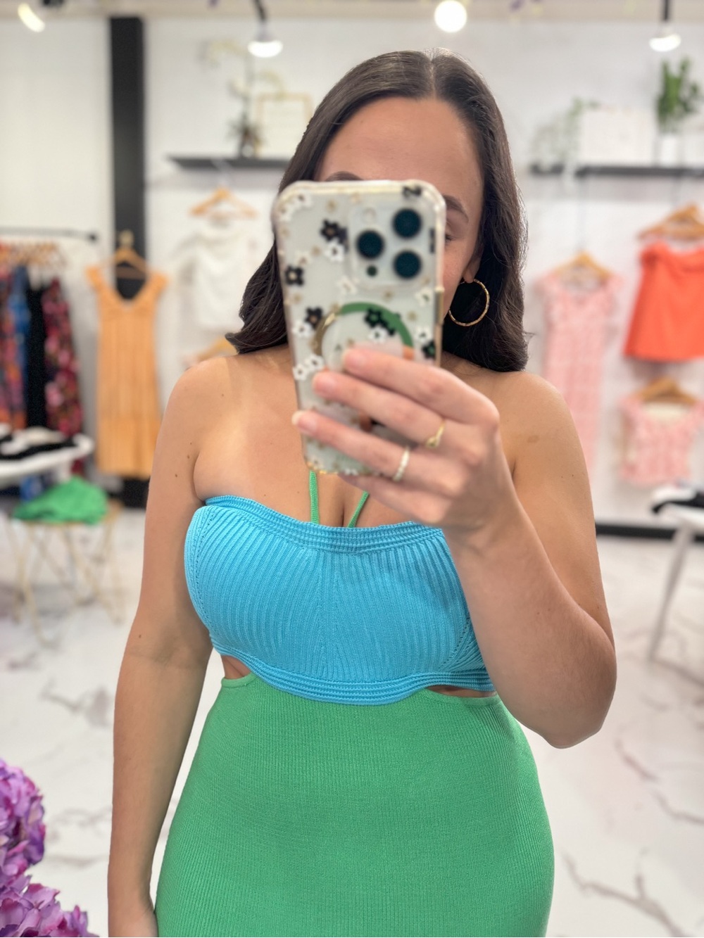 Strapless Two-Tone Maxi Dress in Turquoise and Green